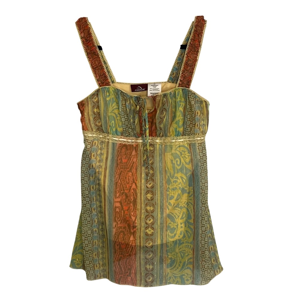 Y2K Jordache Juniors Boho Empire Waist Babydoll Top Yellow Multi Metallic Stripe